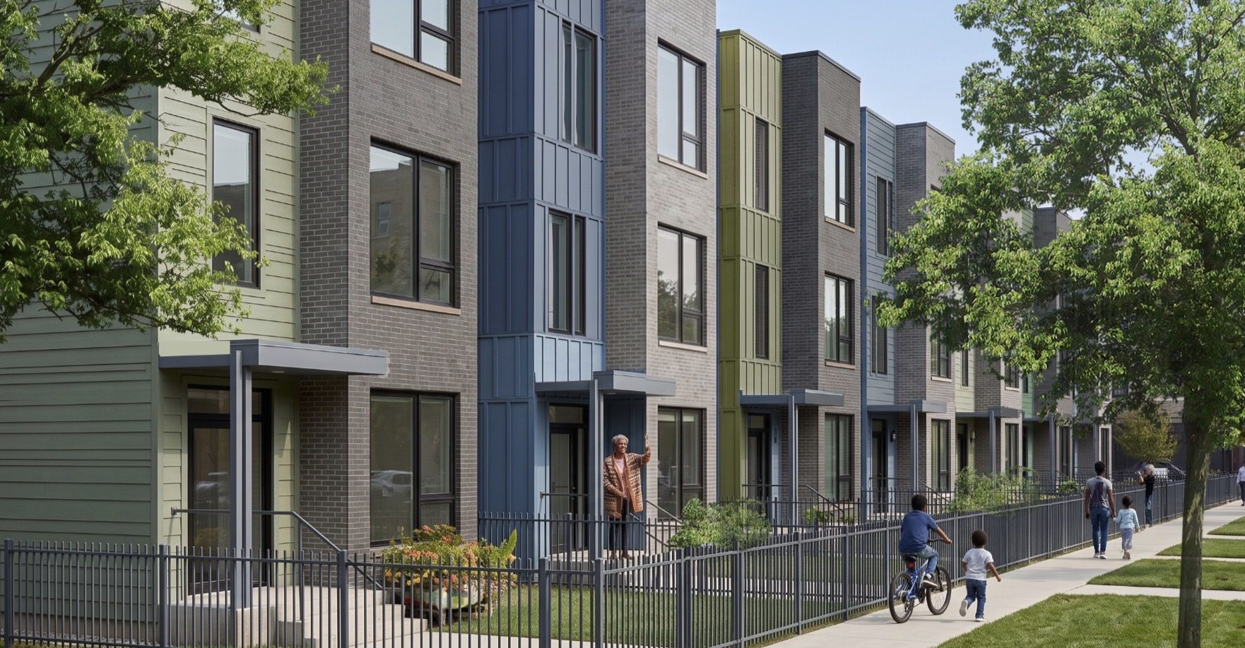 Rendering of the seven three-flat buildings proposed along Pine Avenue.